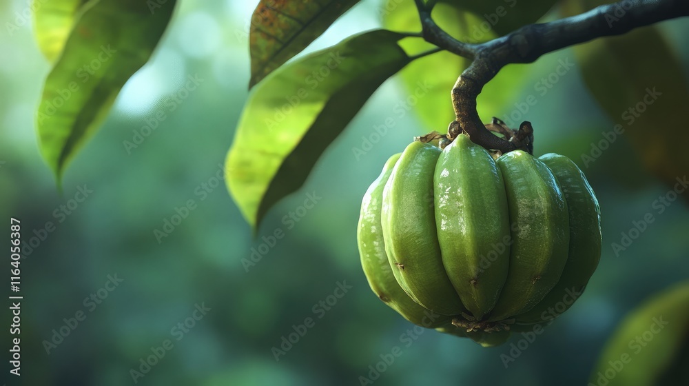 Fresh Garcinia Cambogia fruit hanging from lush green leaves in a natural setting showcasing its vibrant and healthy appearance Fresh Garcinia Cambogia fruit hanging from lush green leaves in a natural setting showcasing its vibrant and healthy appearance