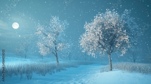 Winter landscape with snow-covered trees under a moonlit sky creating a serene and magical atmosphere in a snowy environment. photo