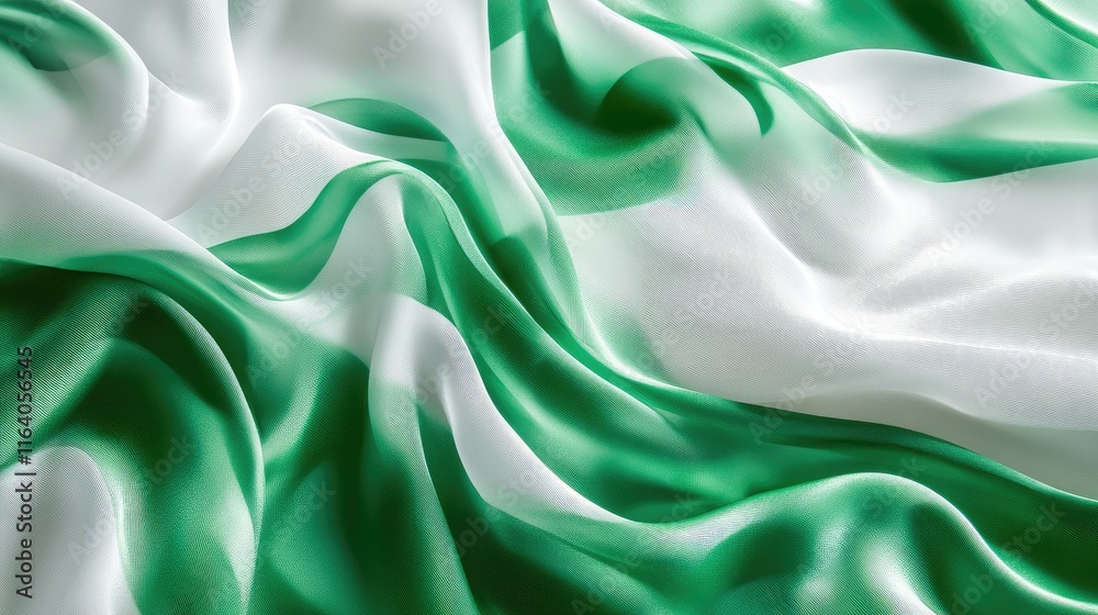 Obraz premium Green and white abstract silk fabric texture with flowing lines for modern decor and textile art background design