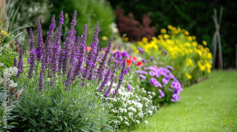 Obraz premium Vibrant garden scene featuring blooming purple flowers alongside colorful flowerbeds in a lush green landscape