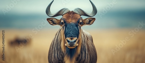 Wildebeest portrait in the vast Mara landscape showcasing its majestic features and natural habitat in soft lighting. photo