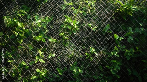 Wire mesh fence covered with lush green wild grass and foliage creating a natural overgrowth texture in natural light