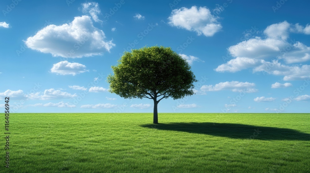 Solitary tree in a lush green field under a clear blue sky with scattered clouds casting a long shadow on the ground.