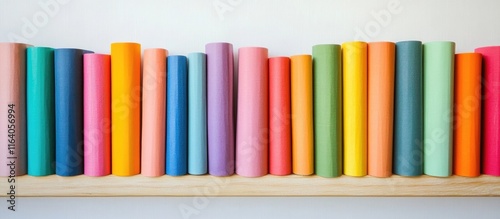 Colorful books on a wooden shelf promoting literacy and organization in a vibrant, aesthetically pleasing environment.