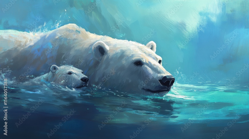 Naklejka premium Polar Bears Swimming in Freezing Waters