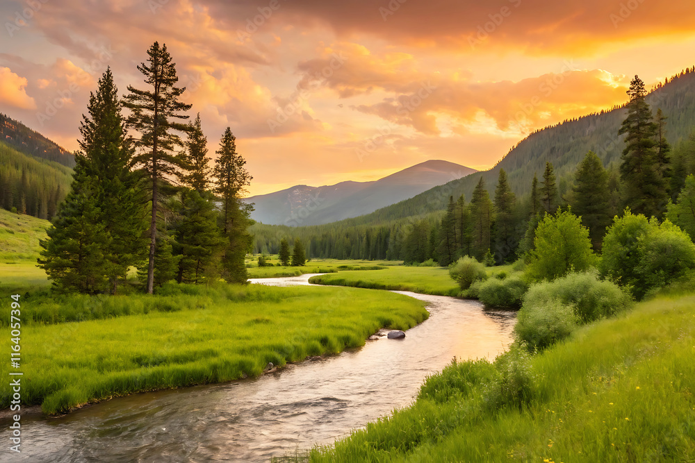 Obraz premium Narrow Branch of the River in the Mountains: A Scenic View of a Narrow River Branch Winding