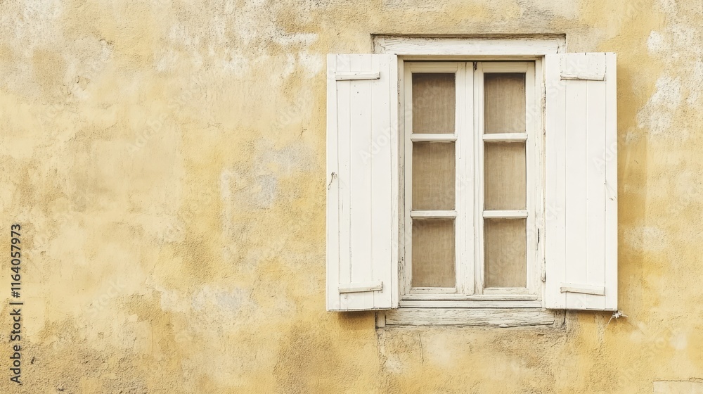 Window with closed white shutters set against a textured beige wall showcasing rustic architectural details and a vintage aesthetic Window with closed white shutters set against a textured beige wall showcasing rustic architectural details and a vintage aesthetic