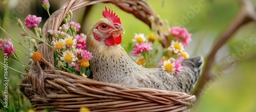 Hen resting in a rustic basket surrounded by colorful flowers in a serene garden setting. Perfect for nature and farm-themed projects. photo