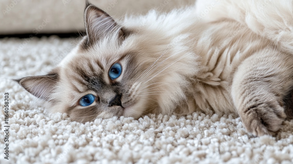 Obraz premium Fluffy gray cat with striking blue eyes resting on a soft light carpet in a cozy indoor setting