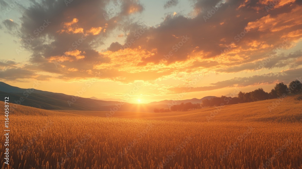 Serene golden wheat field beneath a dramatic cloudy sky during a vibrant sunset in a picturesque landscape setting Serene golden wheat field beneath a dramatic cloudy sky during a vibrant sunset in a picturesque landscape setting