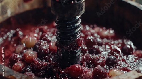 Close-up of traditional winepress with red must and helical screw showcasing the ancient technique of grape pressing for winemaking.