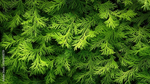 Lush Green Thuja Foliage Textures Close-Up in Natural Light for Nature and Botanical Photography photo