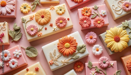 Beautifully Handmade Soap Bars with Colorful Floral Designs on a Soft Pink Background Display photo