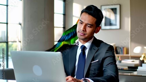 Young businessman is working on his laptop with his pet parrot perched on his shoulder, creating a humorous and heartwarming scene of companionship in a modern office setting