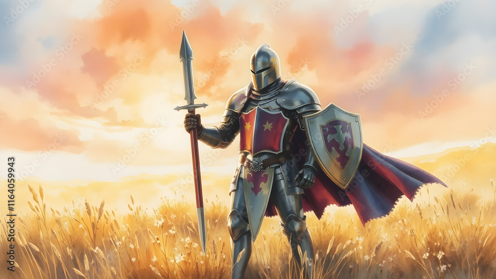 Naklejka premium A watercolor painting of a heroic knight standing in a glowing meadow, with sunlight reflecting off their polished armor and a colorful sunset in the background