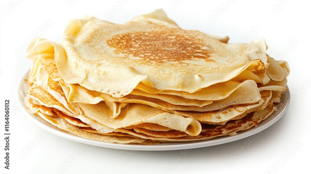 A delicious stack of golden pancakes neatly arranged on a white plate against a clean white background showcasing culinary delight. A delicious stack of golden pancakes neatly arranged on a white plate against a clean white background showcasing culinary delight.