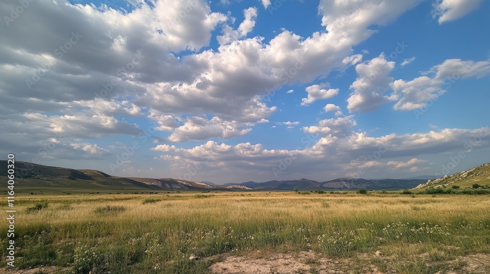 Spacious picturesque landscape with a vast cloudy sky and distant hills showcasing natural beauty in a serene outdoor environment Spacious picturesque landscape with a vast cloudy sky and distant hills showcasing natural beauty in a serene outdoor environment