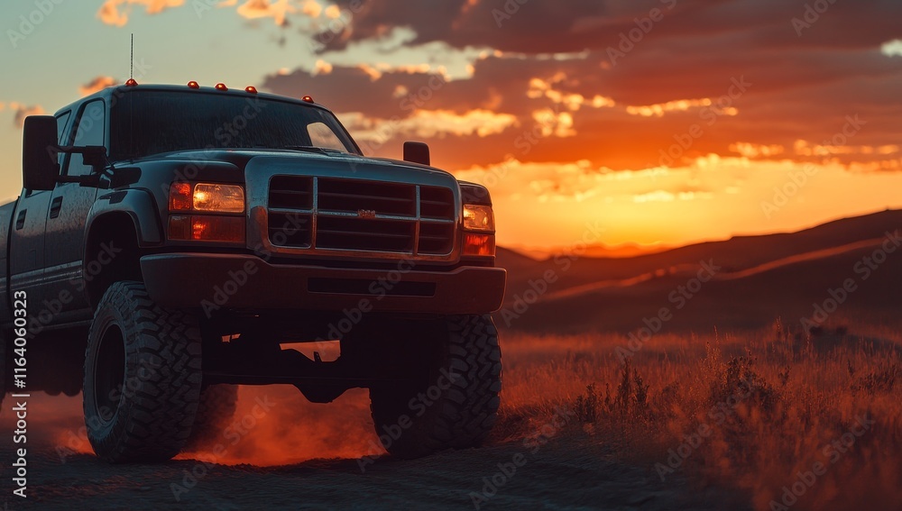 Pickup truck driving on dirt road at sunset. Pickup truck driving on dirt road at sunset.