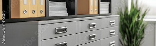 1. A metal filing cabinet equipped with drawers designed for the systematic storage of documents. photo