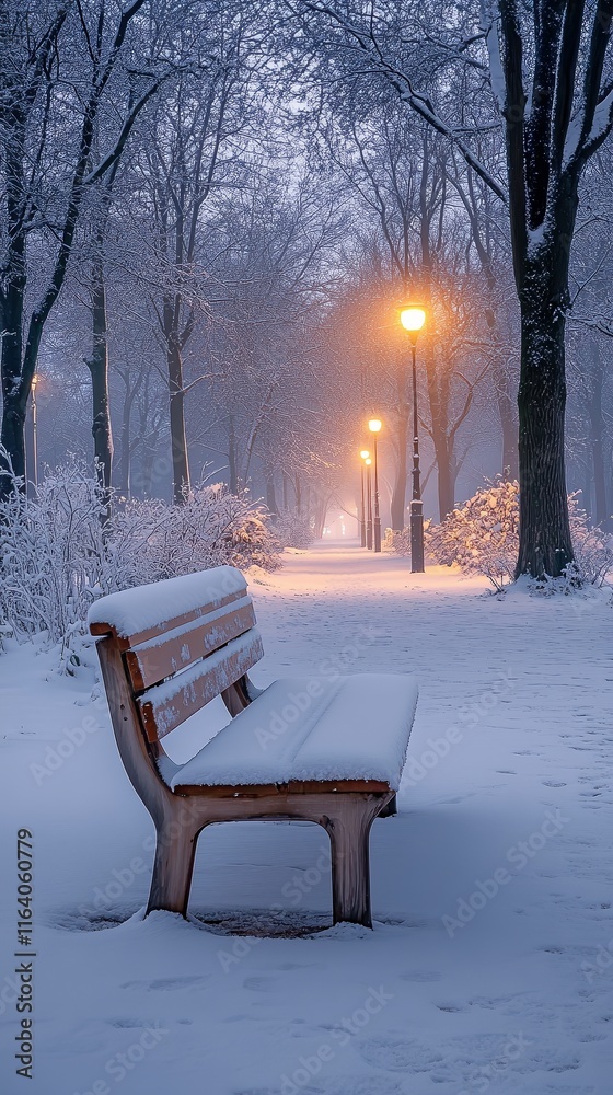 Snow-dusted park bench under glowing streetlights on a tranquil pathway surrounded by trees, evoking calm and solitude during a serene winter evening. Snow-dusted park bench under glowing streetlights on a tranquil pathway surrounded by trees, evoking calm and solitude during a serene winter evening.