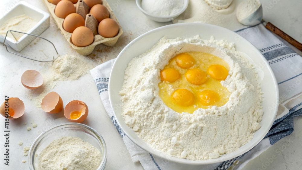 A large mound of white wheat flour with a hollow in the middle filled with egg yolks. The process of making homemade baked goods or pasta. A large mound of white wheat flour with a hollow in the middle filled with egg yolks. The process of making homemade baked goods or pasta.