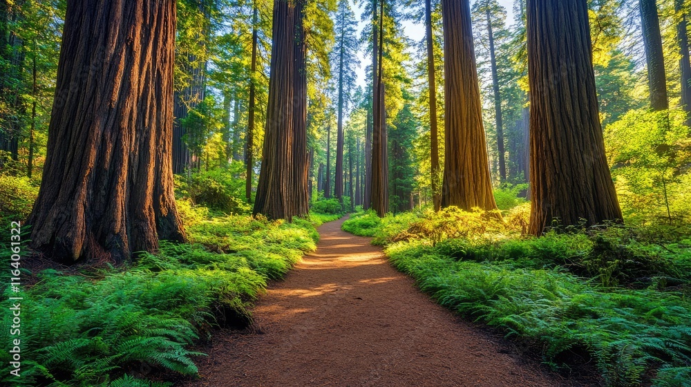 Fototapeta premium Serene forest pathway surrounded by majestic tall trees and lush green ferns under a bright, sunlit sky.
