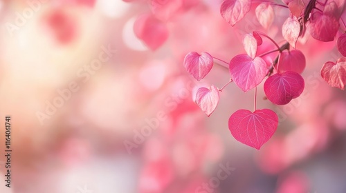 Pink flowering vine Antigonon leptopus with heart-shaped leaves against a soft bokeh background showcasing natural beauty and vibrant colors. photo