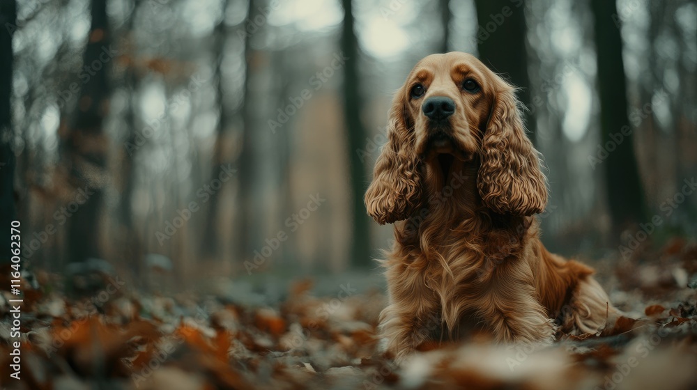 Golden Cocker Spaniel sitting gracefully in a serene forest surrounded by autumn foliage showcasing its long, luxurious coat. Golden Cocker Spaniel sitting gracefully in a serene forest surrounded by autumn foliage showcasing its long, luxurious coat.