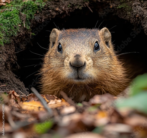 As spring comes, a groundhog emerges from its subterranean home photo