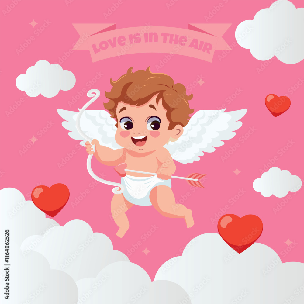 Valentine's day greeting card with Cute funny little cupid with an arrow and wings. Love and Valentine's day concept. Valentine's day invitation card. Love is in the air