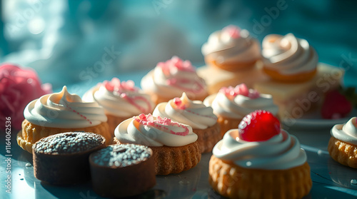 Professional photograph of luxurious sweets bathed in soft, hazy light and rich deep teal hues.  Luxurious and vibrant, the image evokes a dreamy atmosphere with soft contrast and saturation, capturin photo