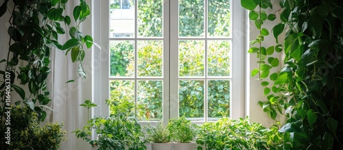 Bright white window surrounded by vibrant greenery enhancing the natural aesthetic of home interior decor