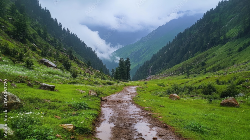 Obraz premium Serene mountain trekking trail surrounded by lush greenery under cloudy sky after rain shower