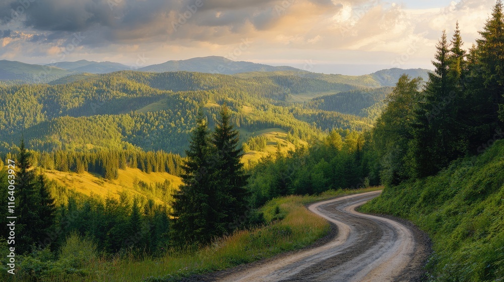 Scenic winding dirt road through lush green forested hills under a dramatic sky at sunset Scenic winding dirt road through lush green forested hills under a dramatic sky at sunset