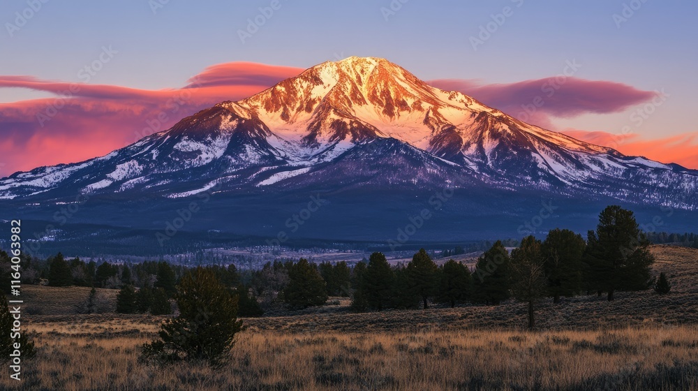 Fototapeta premium Snow-capped mountain bathed in evening light with vibrant clouds and serene landscape in the foreground during twilight hours