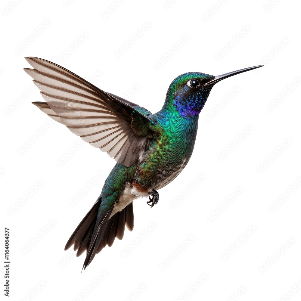 Fototapeta premium Iridescent Hummingbird in Flight with Vibrant Green and Blue Feathers