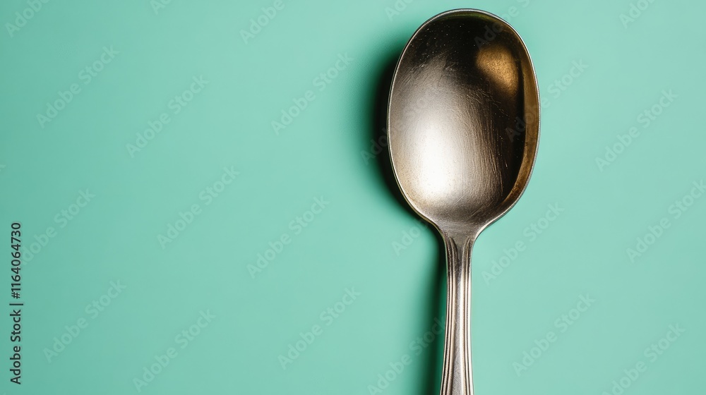 Silver soup spoon against a vibrant green background capturing the essence of home dining and kitchenware essentials. Silver soup spoon against a vibrant green background capturing the essence of home dining and kitchenware essentials.