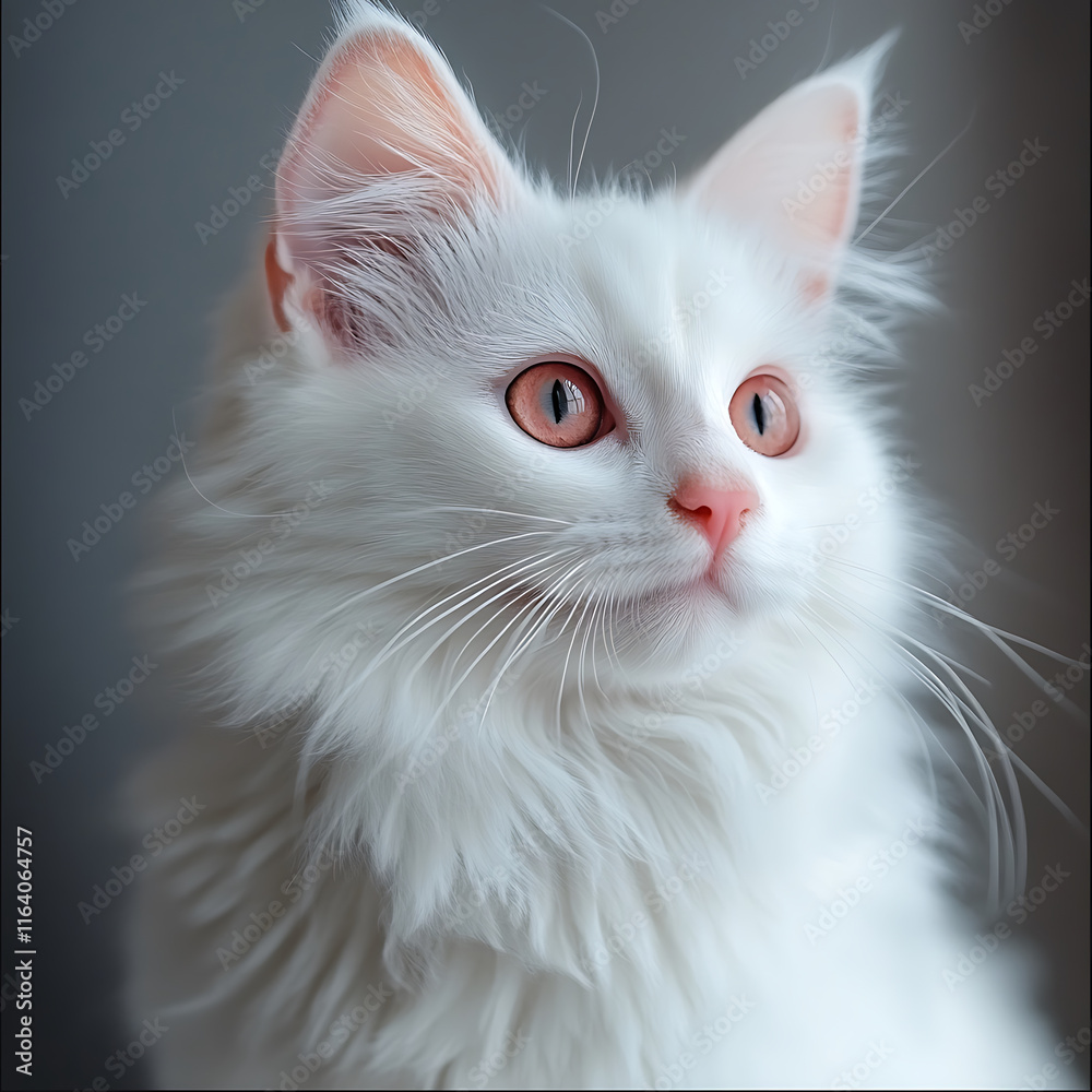 Fluffy white cat with striking pink eyes, gazing thoughtfully. This adorable feline showcases its soft fur and captivating expression, perfect for animal lovers Fluffy white cat with striking pink eyes, gazing thoughtfully. This adorable feline showcases its soft fur and captivating expression, perfect for animal lovers