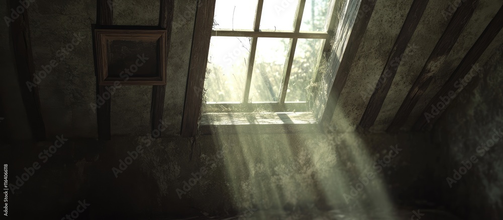 Abandoned attic room with dusty window showcasing sunlight beams creating a nostalgic and mysterious atmosphere Abandoned attic room with dusty window showcasing sunlight beams creating a nostalgic and mysterious atmosphere