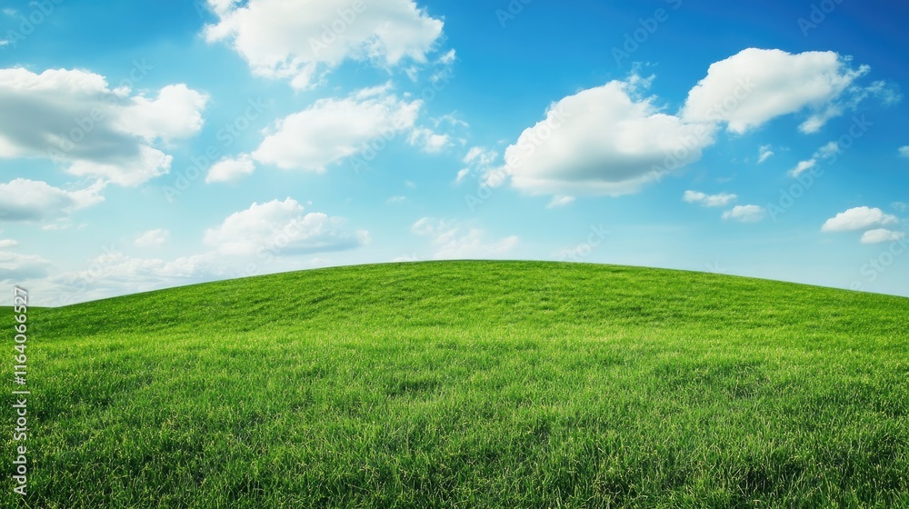 Obraz premium Lush green hillside under a bright blue sky with fluffy clouds creating a serene natural landscape atmosphere