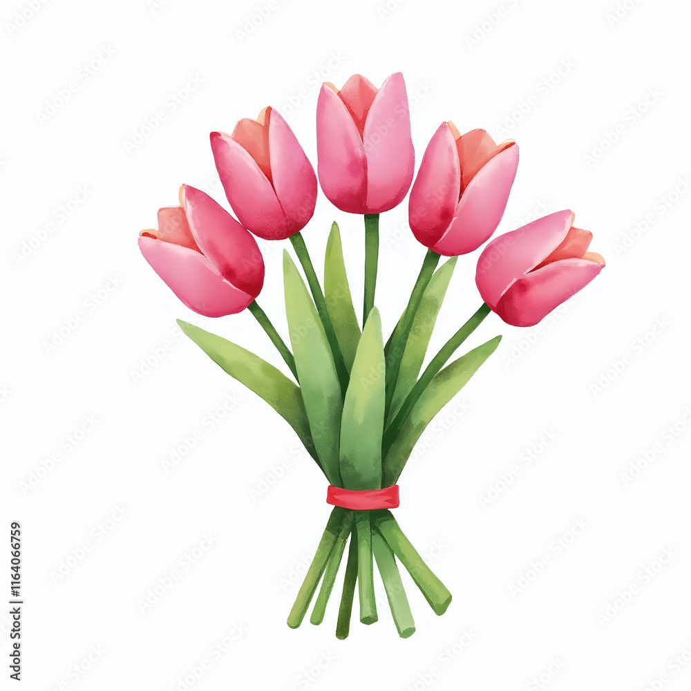 Pink Tulips Spring Flower Bouquet for St. Valentine's Day, Watercolor Illustration, Isolated on White Background Pink Tulips Spring Flower Bouquet for St. Valentine's Day, Watercolor Illustration, Isolated on White Background