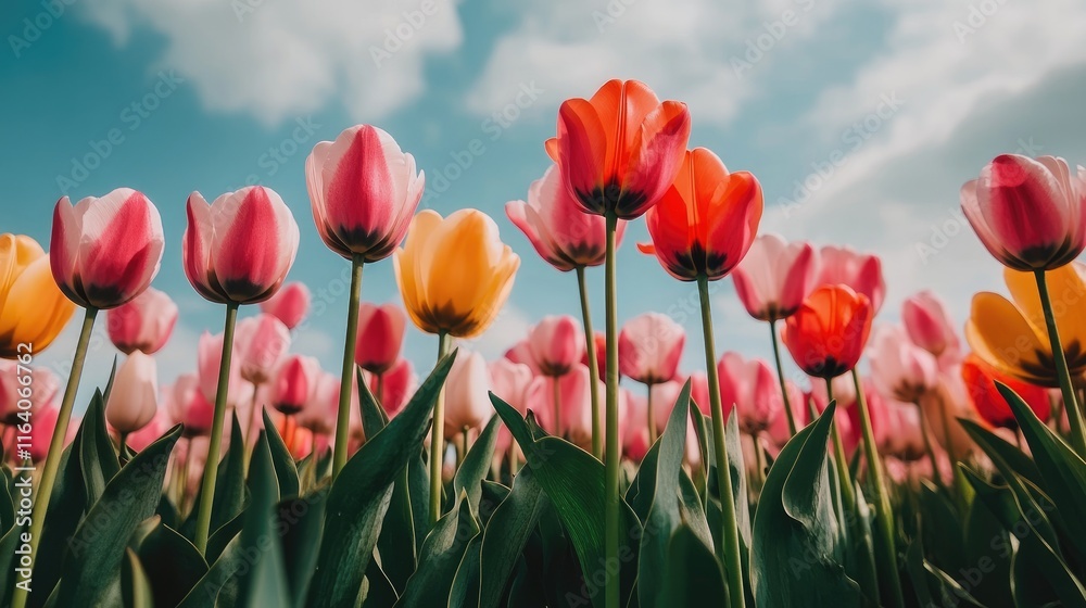 Obraz premium Vibrant tulip flowers in a colorful field against a backdrop of a dramatic cloudy sky showcasing nature's beauty in springtime.