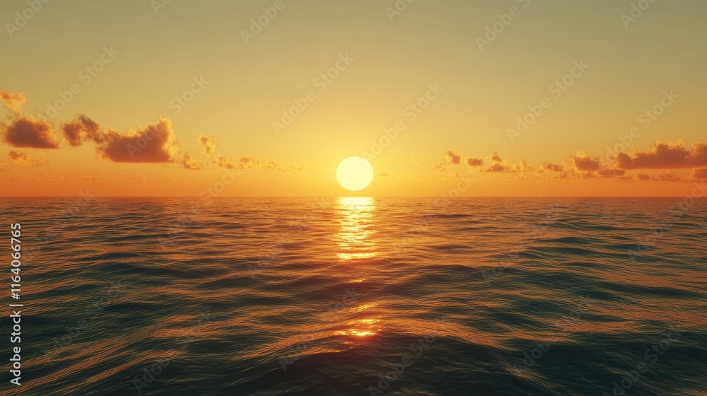 Obraz premium Serene sunset over tranquil ocean waters with shimmering reflections and soft clouds in a vibrant sky at dusk.