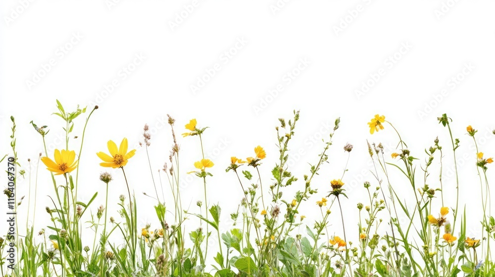 Fototapeta premium Wildflowers and yellow blooms with lush green foliage isolated on a clean white background for nature and botanical concepts