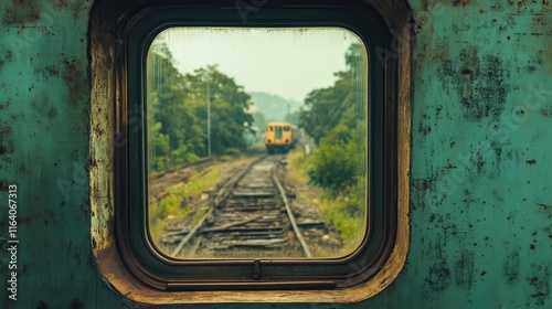 Train Window View Overlooking Abandoned Tracks and Approaching Train in Lush Green Setting