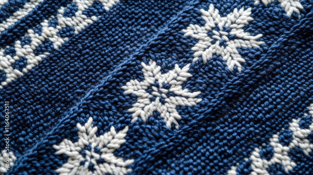 winter woolen sweater with intricate snowflake pattern on a dark blue textile background winter woolen sweater with intricate snowflake pattern on a dark blue textile background