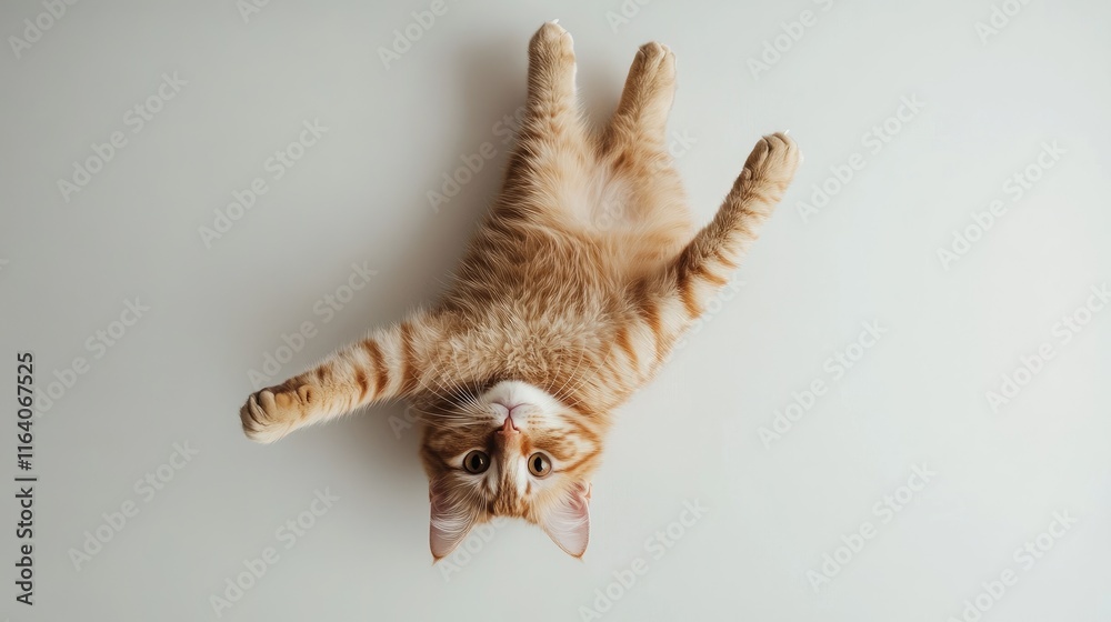 Fototapeta premium Domestic Orange Striped Cat in Playful Position Against Neutral Background Showcasing its Quirky Behavior and Charming Personality