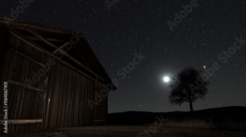 A serene night scene featuring a barn, tree, and starry sky.