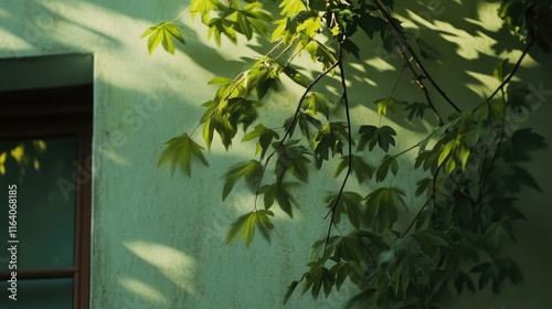 Mayana leaves gently draping from a green wall with soft sunlight creating intricate shadows and textures around a window. photo