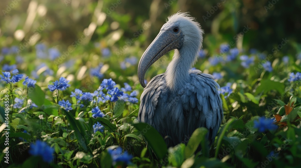 Fototapeta premium Majestic Shoebill Stork in Blooming Wetlands Surrounded by Blue Flowers Capturing Nature's Beauty and Wildlife Serenity